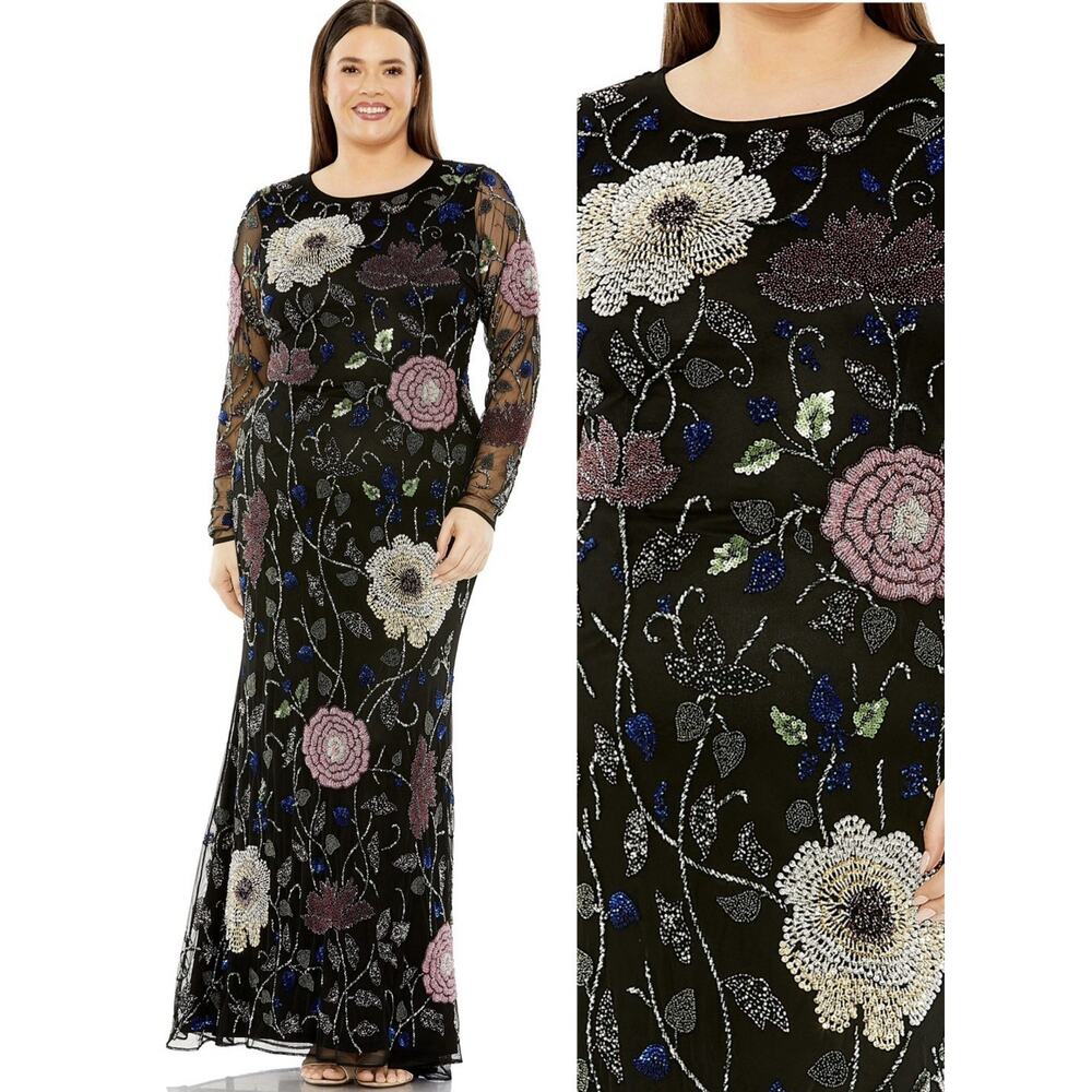 Mac Duggal 94011 Floral Embroidered 16 Gown Long Sleeves Black Multi Dress NWOT